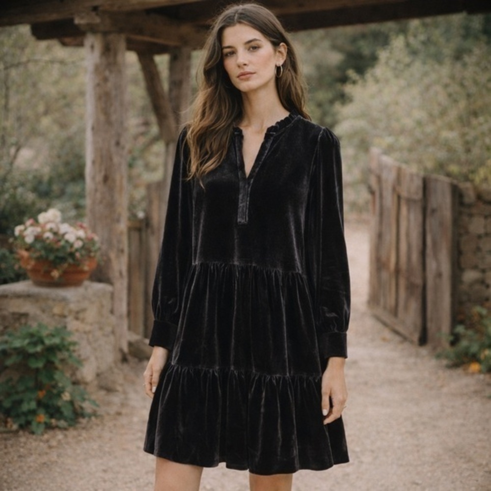 Part two charcoal grey velvet viggase tiered long sleeve dress